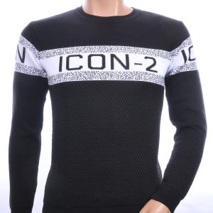 CI-BORG trendy ICON-2 allover modern dessin ronde hals dunne heren trui Zwart