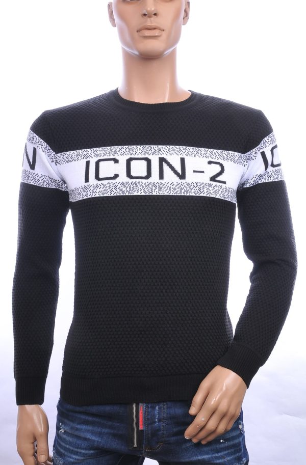 CI-BORG trendy ICON-2 allover modern dessin ronde hals dunne heren trui Zwart