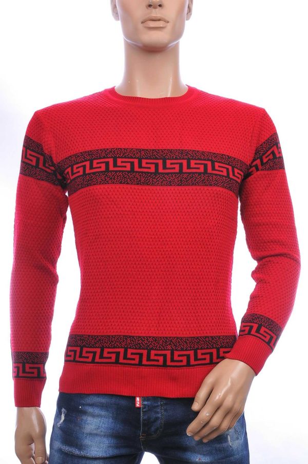 CI-BORG trendy allover modern dessin ronde hals dunne heren trui Rood