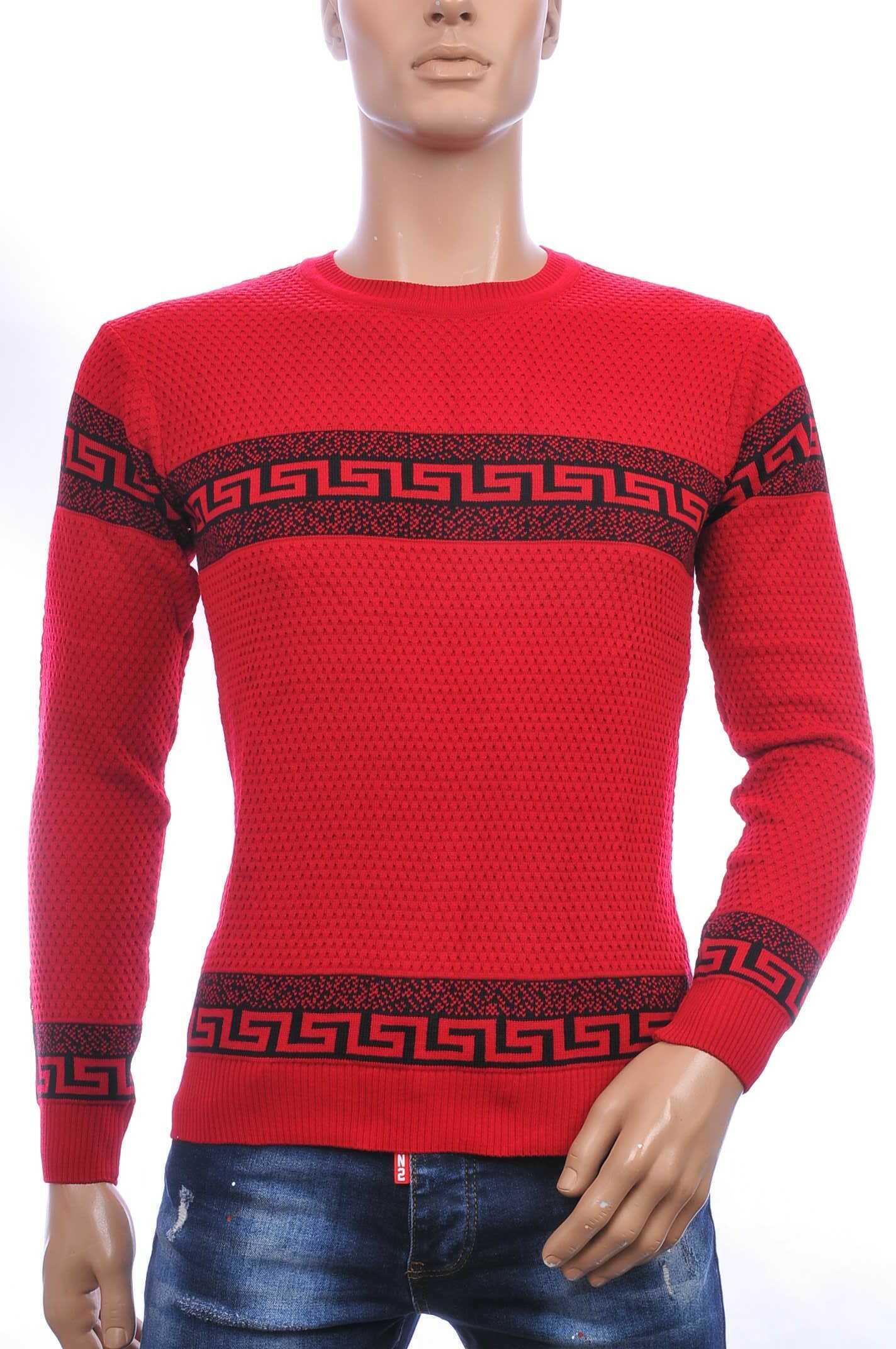 CI BORG trendy allover modern dessin ronde hals dunne heren trui Rood