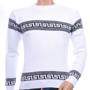CI-BORG trendy allover modern dessin ronde hals dunne heren trui Wit