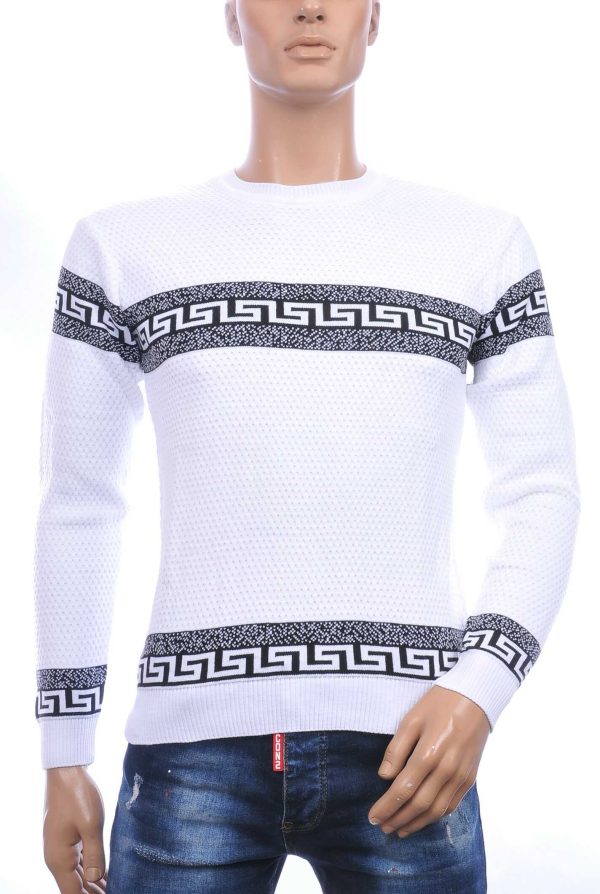 CI-BORG trendy allover modern dessin ronde hals dunne heren trui Wit