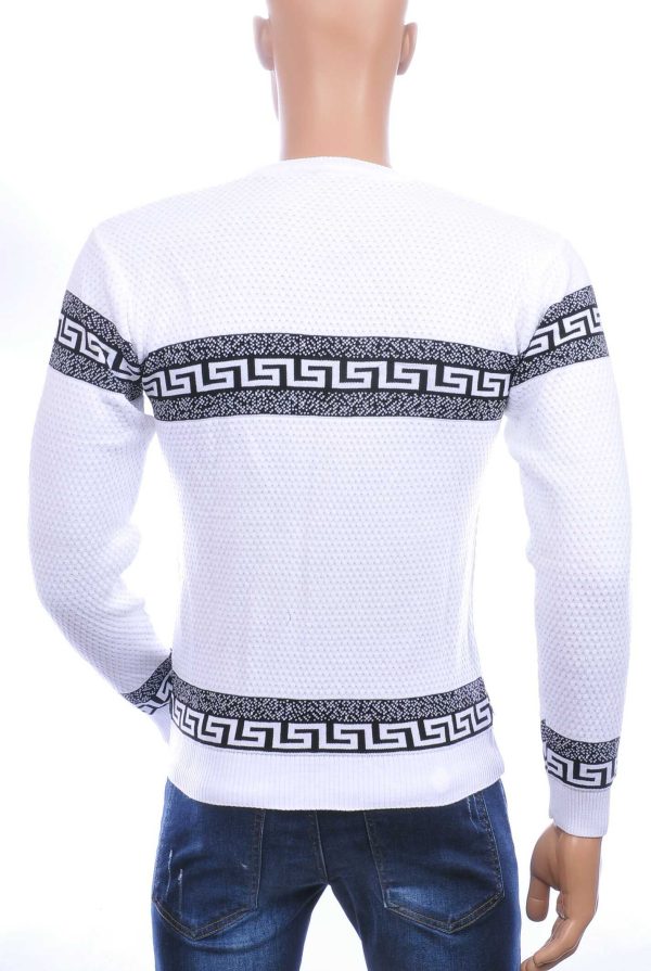 CI-BORG trendy allover modern dessin ronde hals dunne heren trui Wit