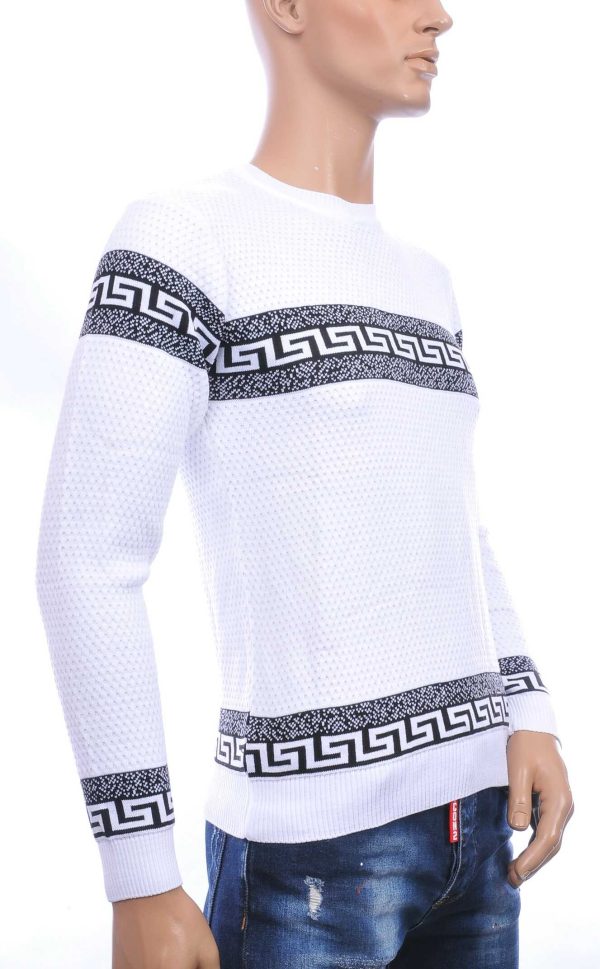 CI-BORG trendy allover modern dessin ronde hals dunne heren trui Wit