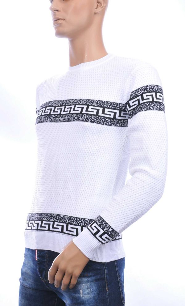 CI-BORG trendy allover modern dessin ronde hals dunne heren trui Wit