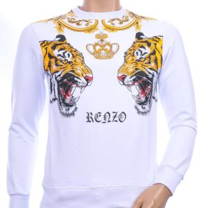 FRANCO RENZO trendy tijgerkoppen print ronde hals heren sweatshirt met steentjes Wit