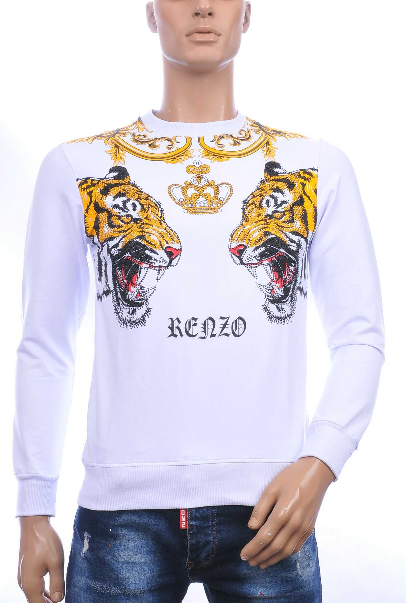 FRANCO RENZO trendy tijgerkoppen print ronde hals heren sweatshirt met steentjes Wit