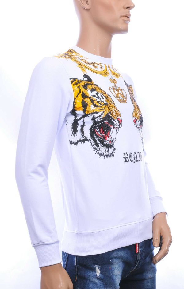 FRANCO RENZO trendy tijgerkoppen print ronde hals heren sweatshirt met steentjes Wit