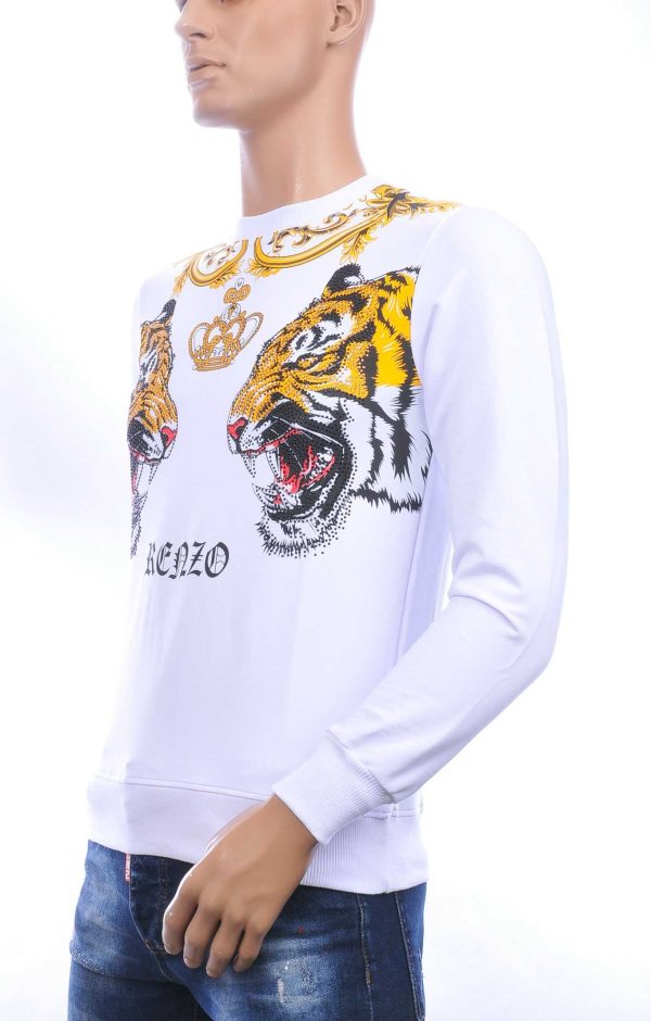 FRANCO RENZO trendy tijgerkoppen print ronde hals heren sweatshirt met steentjes Wit