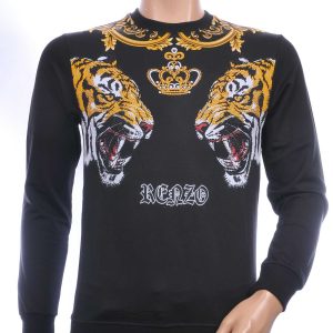 FRANCO RENZO trendy tijgerkoppen print ronde hals heren sweatshirt met steentjes Zwart