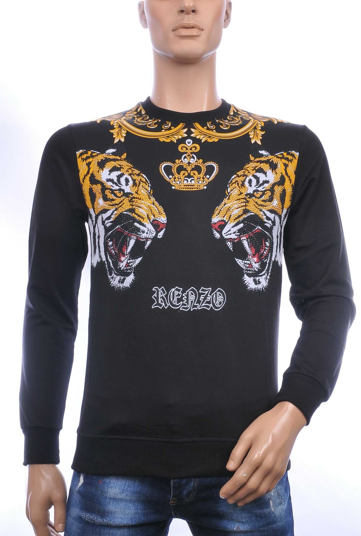 FRANCO RENZO trendy tijgerkoppen print ronde hals heren sweatshirt met steentjes Zwart