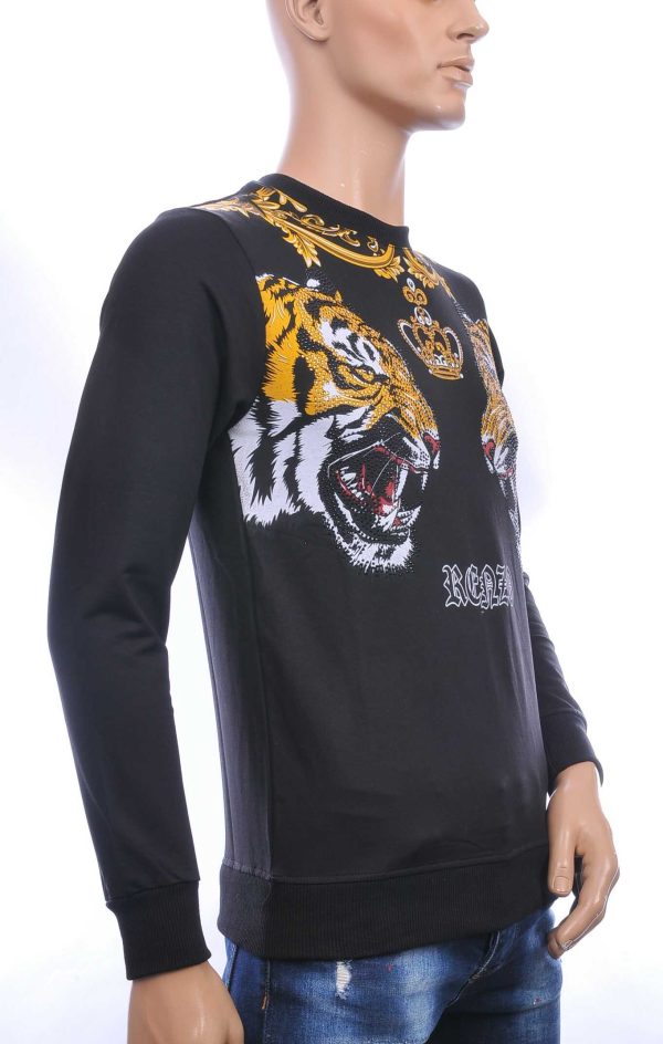 FRANCO RENZO trendy tijgerkoppen print ronde hals heren sweatshirt met steentjes Zwart