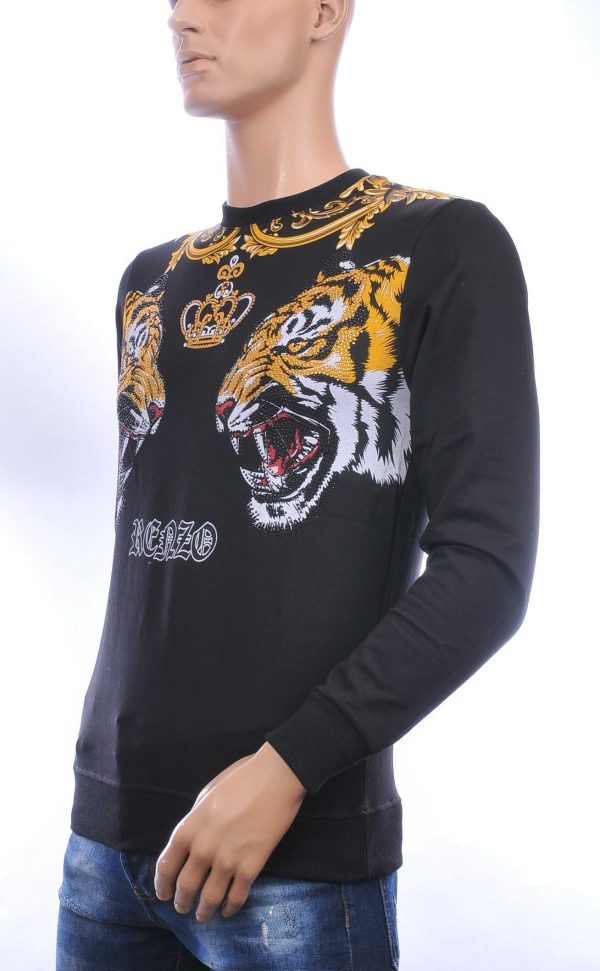 FRANCO RENZO trendy tijgerkoppen print ronde hals heren sweatshirt met steentjes Zwart