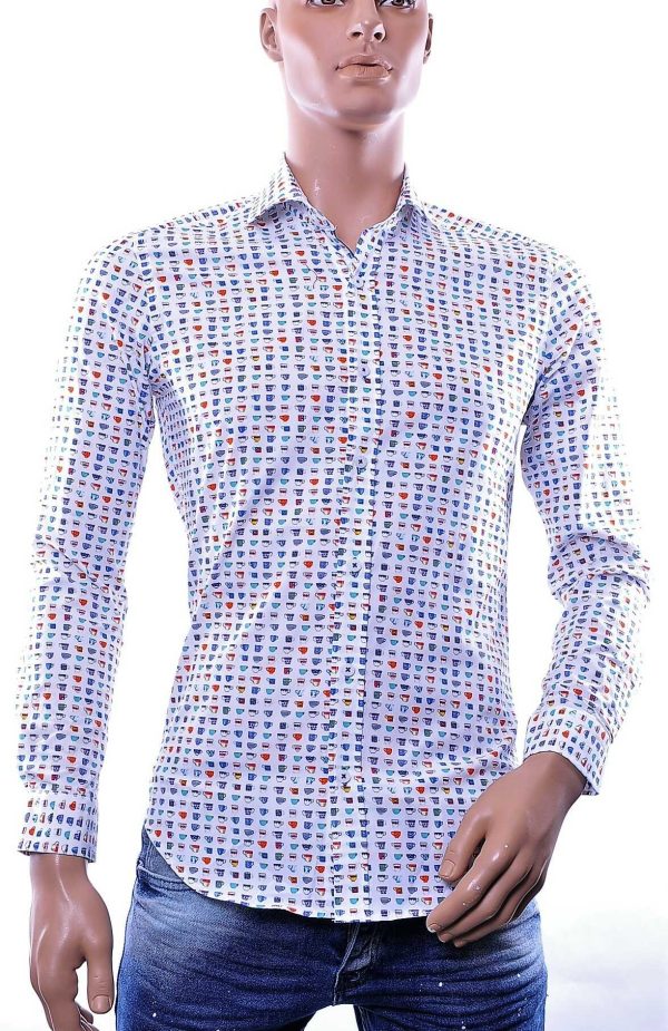 GABANO Italiaans Modern Fit Heren Overhemd met Allover Mokken Print – Wit | Trendy herenoverhemd voor casual en feestelijk gebruik