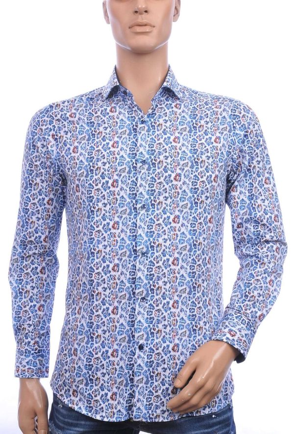 Corrino Italiaanse getailleerd slim fit allover tijgerprint dessin heren overhemd Blauw