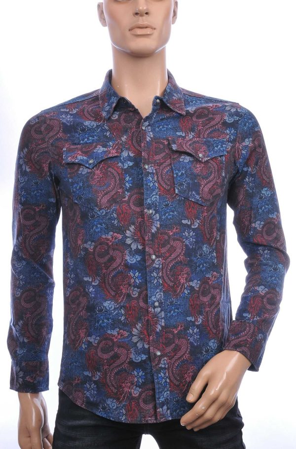 INTEGRAL Italiaans getailleerd slim fit allover draken dessin heren jeans overhemd Navy