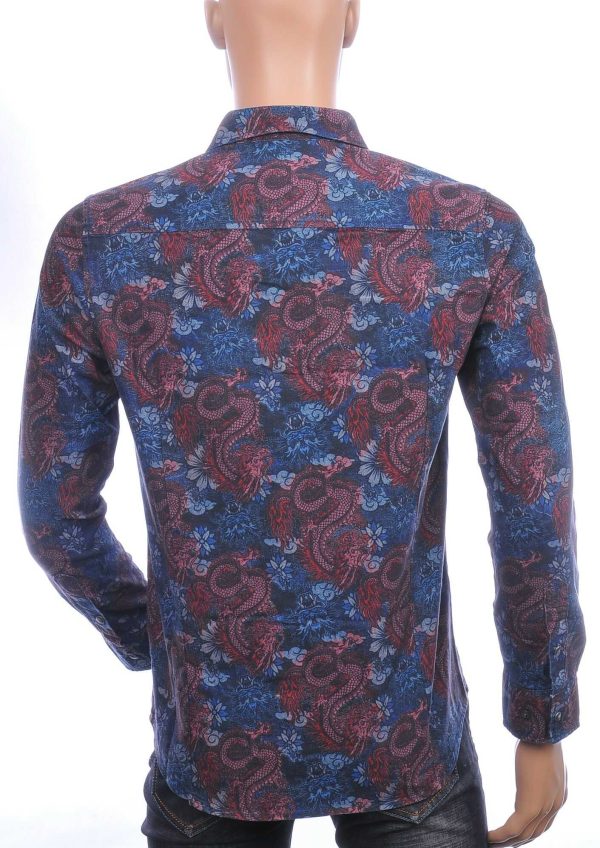 INTEGRAL Italiaans getailleerd slim fit allover draken dessin heren jeans overhemd Navy