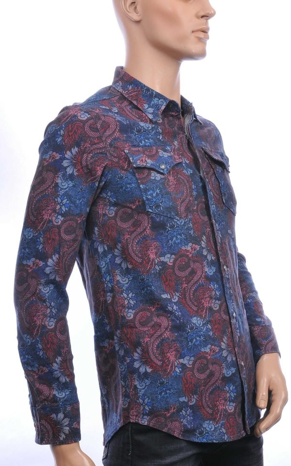 INTEGRAL Italiaans getailleerd slim fit allover draken dessin heren jeans overhemd Navy