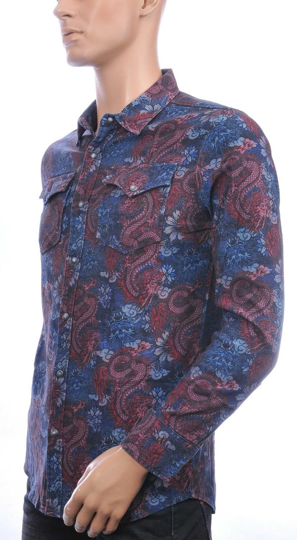 INTEGRAL Italiaans getailleerd slim fit allover draken dessin heren jeans overhemd Navy
