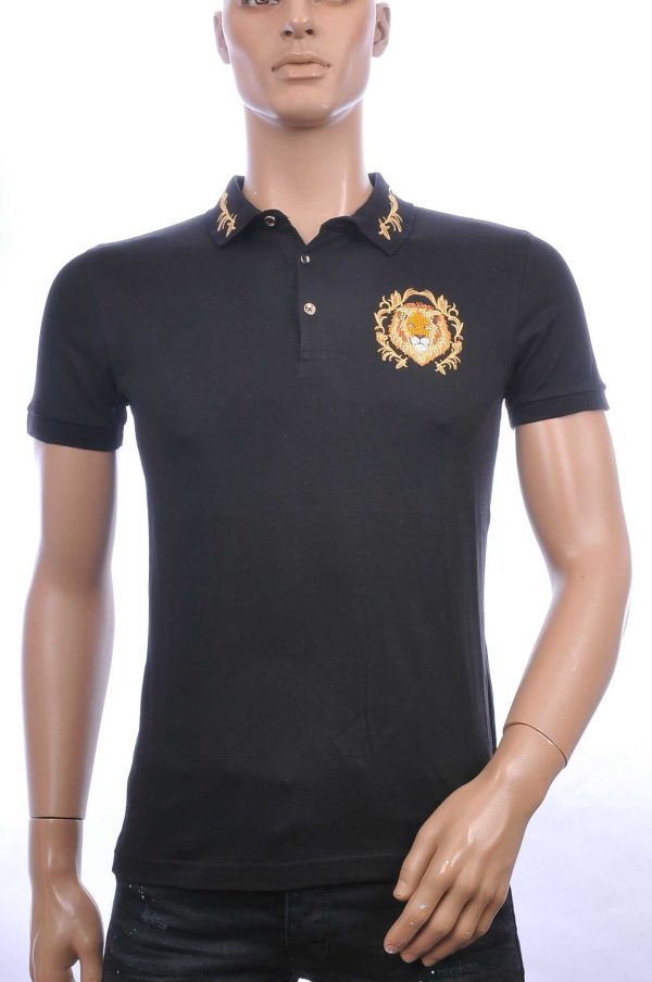 CLUB JU trendy heren polo T-shirt met leeuwenkop badge Zwart