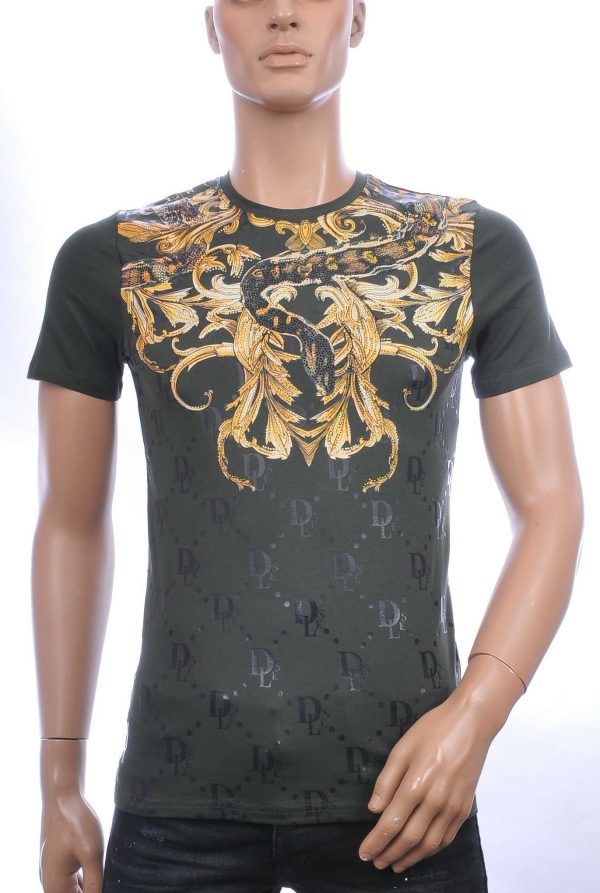 Les DESIGNERS ronde hals T-shirt met cobra print met steentjes Khaki