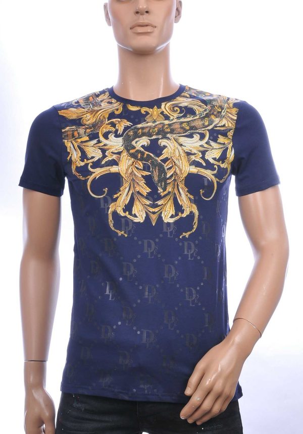 Les DESIGNERS ronde hals T-shirt met cobra print met steentjes Navy