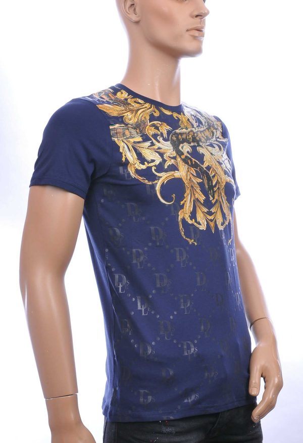 Les DESIGNERS ronde hals T-shirt met cobra print met steentjes Navy