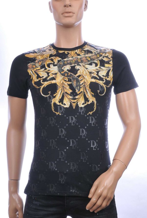 Les DESIGNERS ronde hals T-shirt met cobra print met steentjes Zwart