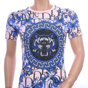 MONTFLEURI trendy ronde hals heren T-Shirt met leeuwenkop met steentjes Roze