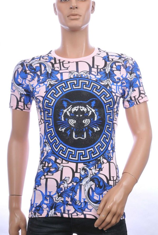 MONTFLEURI trendy ronde hals heren T-Shirt met leeuwenkop met steentjes Roze