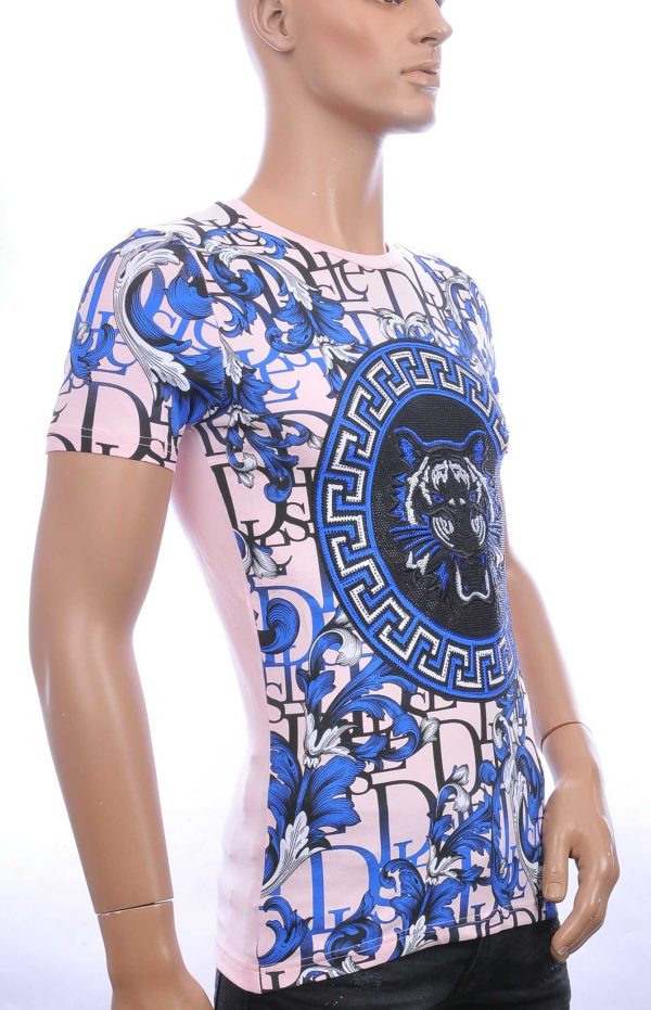 MONTFLEURI trendy ronde hals heren T-Shirt met leeuwenkop met steentjes Roze