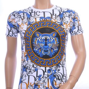 MONTFLEURI trendy ronde hals heren T-Shirt met leeuwenkop met steentjes Wit
