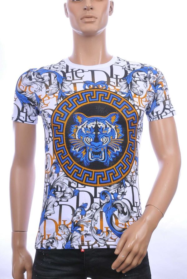 MONTFLEURI trendy ronde hals heren T-Shirt met leeuwenkop met steentjes Wit