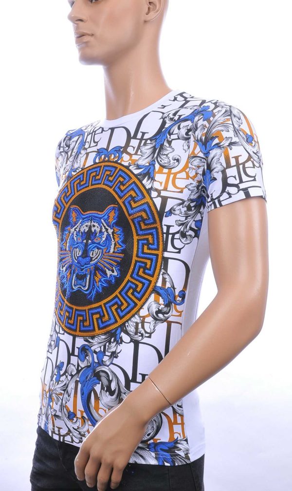 MONTFLEURI trendy ronde hals heren T-Shirt met leeuwenkop met steentjes Wit