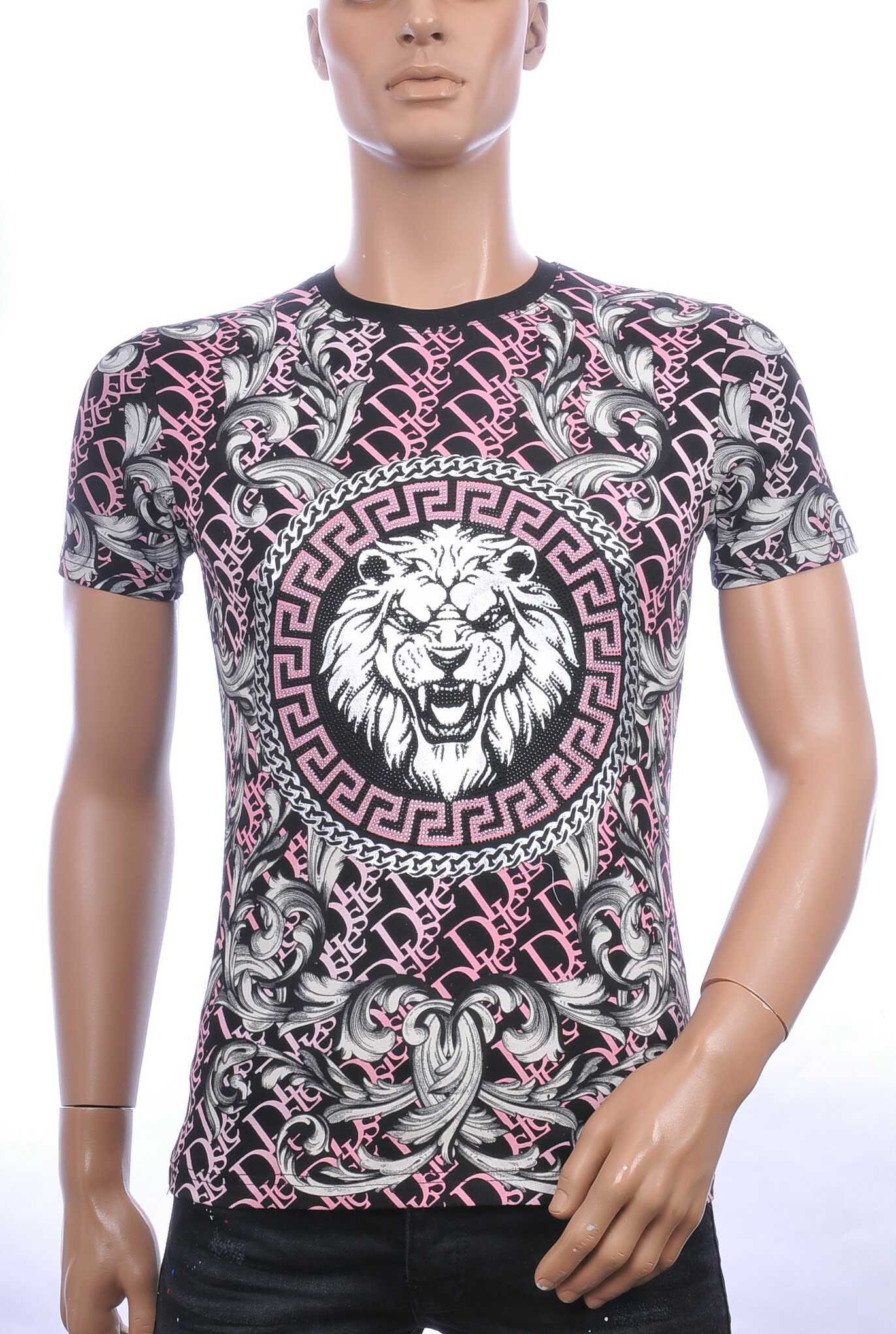 MONTFLEURI ronde hals leeuwenkop print T-shirt met steentjes Zwart