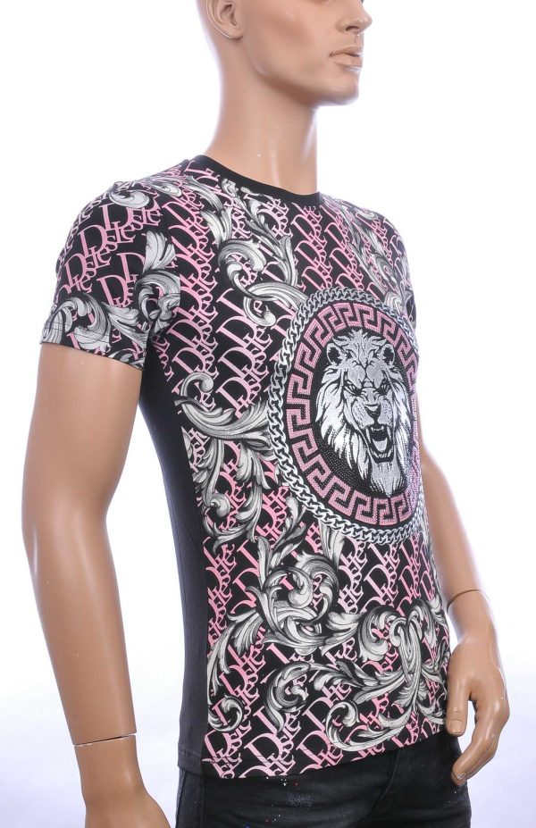 MONTFLEURI ronde hals leeuwenkop print T-shirt met steentjes Zwart