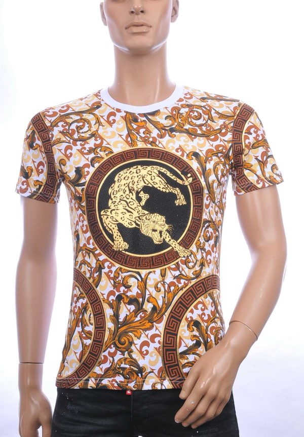 MONTFLEURI trendy ronde hals panter heren T-Shirt met steentjes Wit