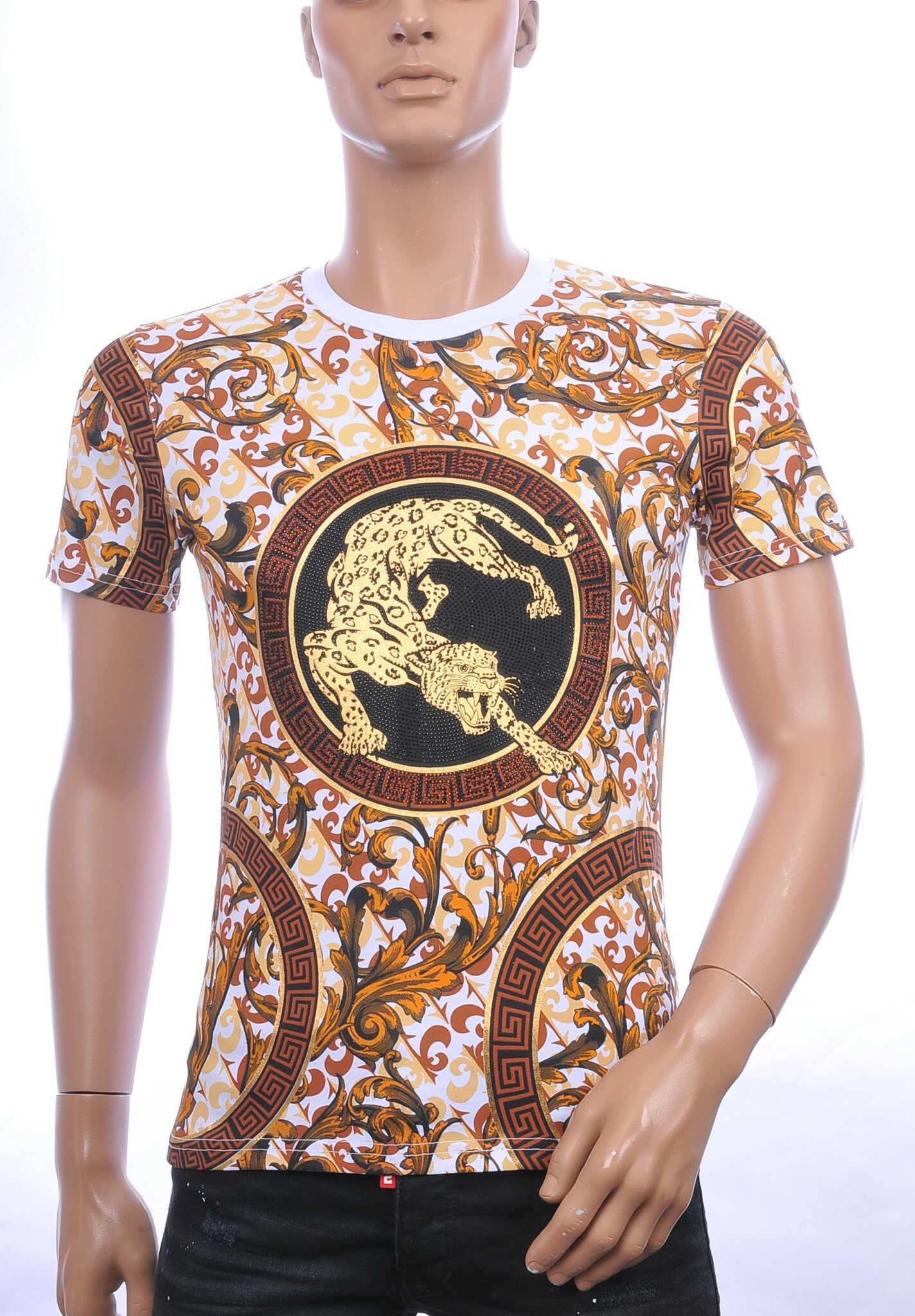 MONTFLEURI trendy ronde hals panter heren T-Shirt met steentjes Wit