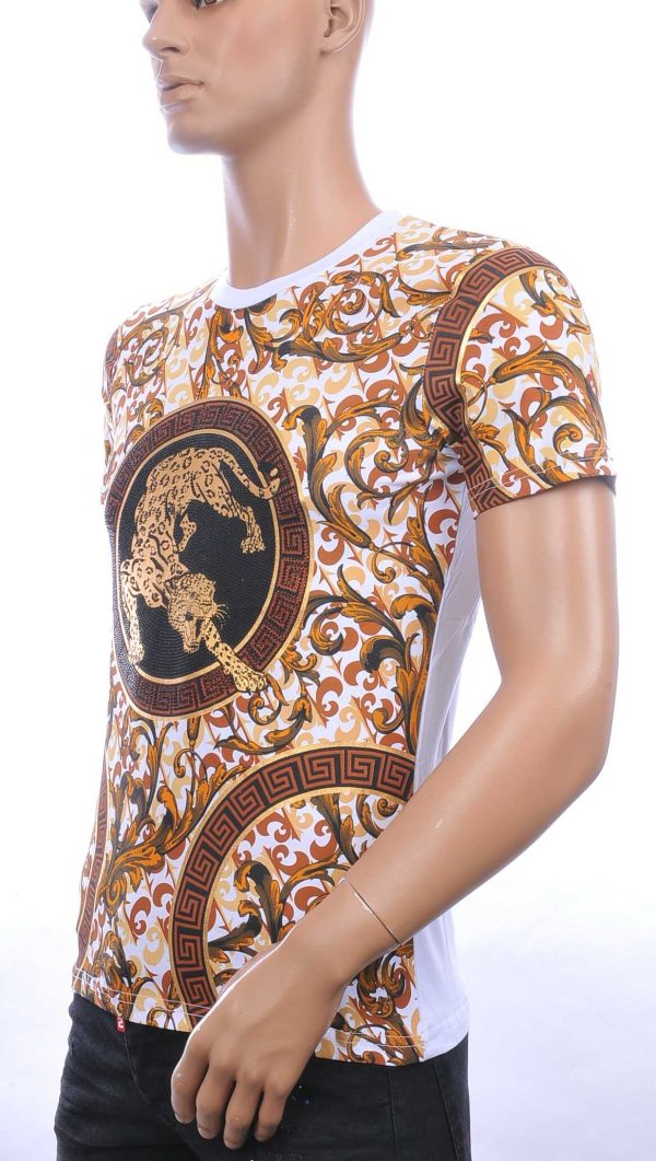 MONTFLEURI trendy ronde hals panter heren T-Shirt met steentjes Wit