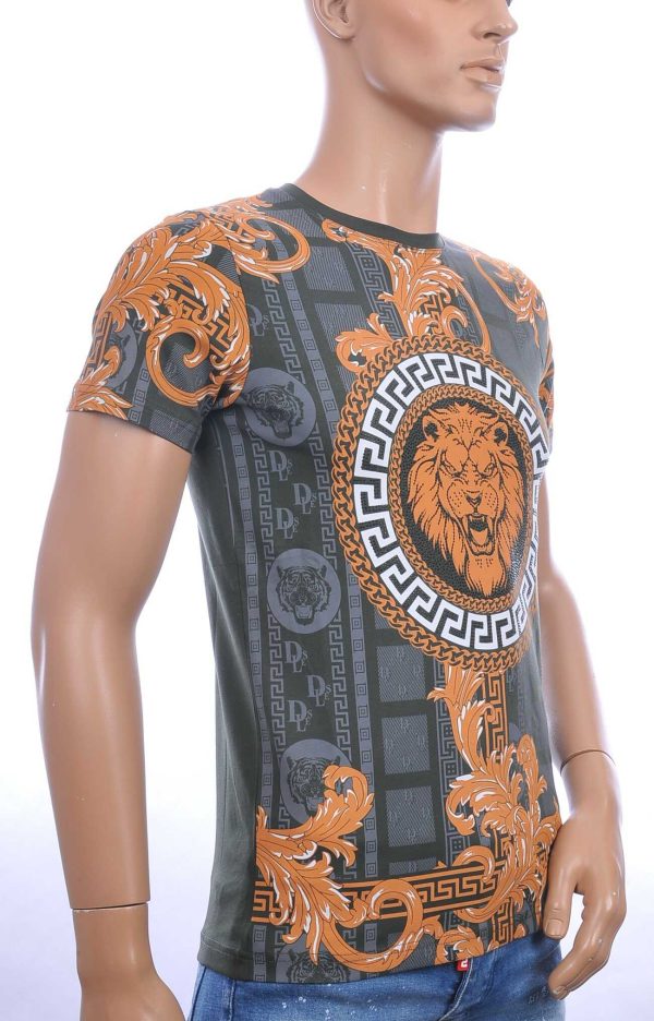 Les DESIGNERS ronde hals leeuwenkop print T-shirt met steentjes Khaki