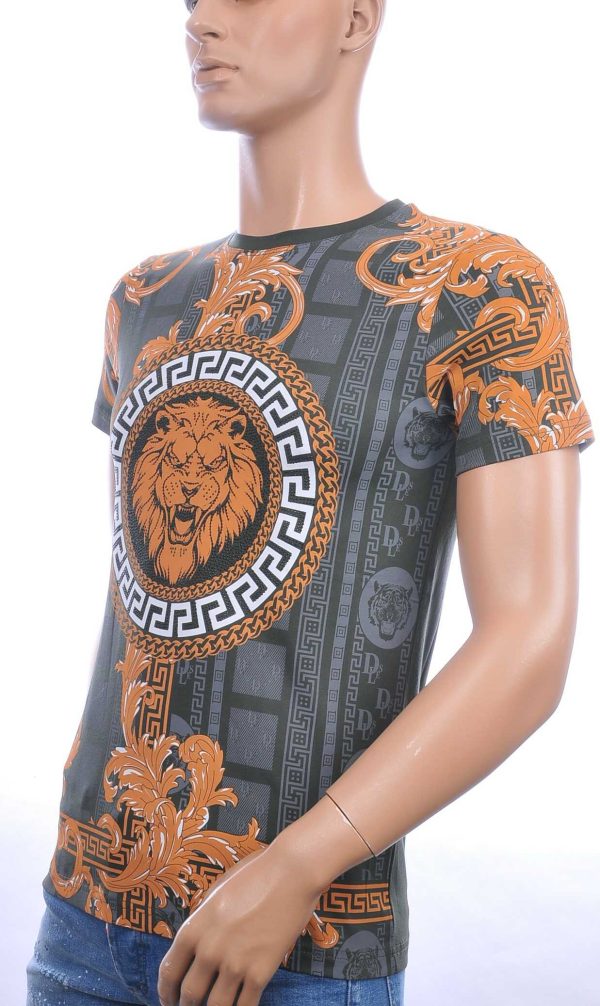Les DESIGNERS ronde hals leeuwenkop print T-shirt met steentjes Khaki