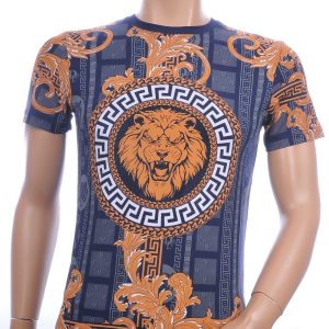 Les DESIGNERS ronde hals leeuwenkop print T-shirt met steentjes Navy