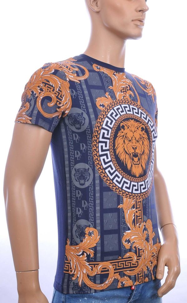 Les DESIGNERS ronde hals leeuwenkop print T-shirt met steentjes Navy