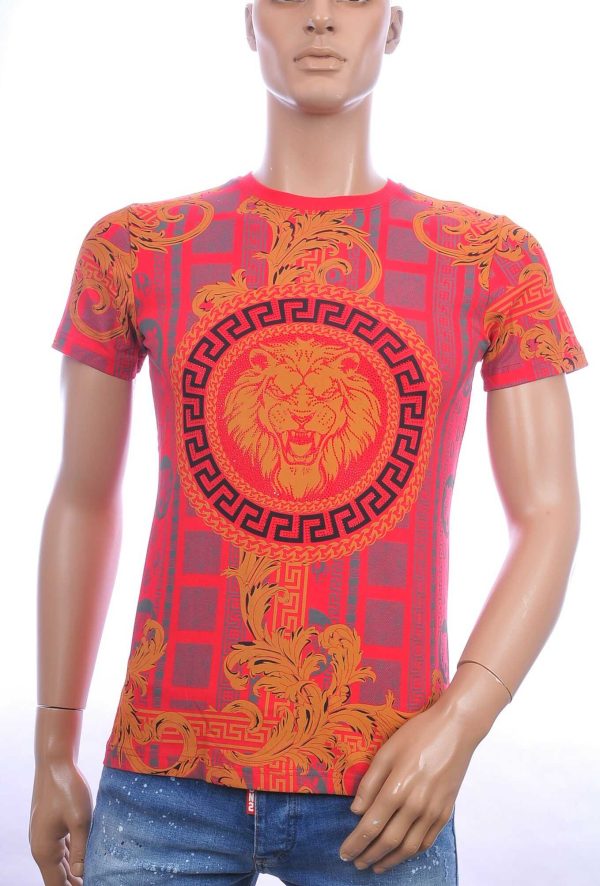 Les DESIGNERS ronde hals leeuwenkop print T-shirt met steentjes Rood