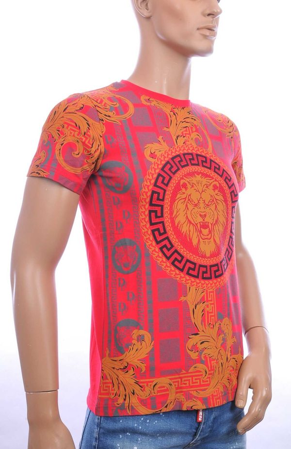 Les DESIGNERS ronde hals leeuwenkop print T-shirt met steentjes Rood