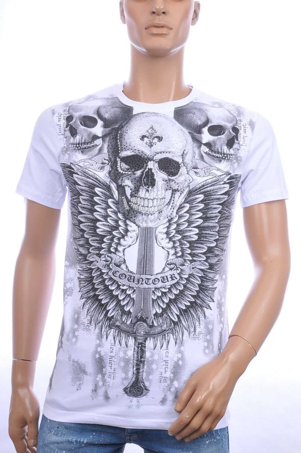 CONTOUR ronde hals heren skull T-Shirt met steentjes Wit