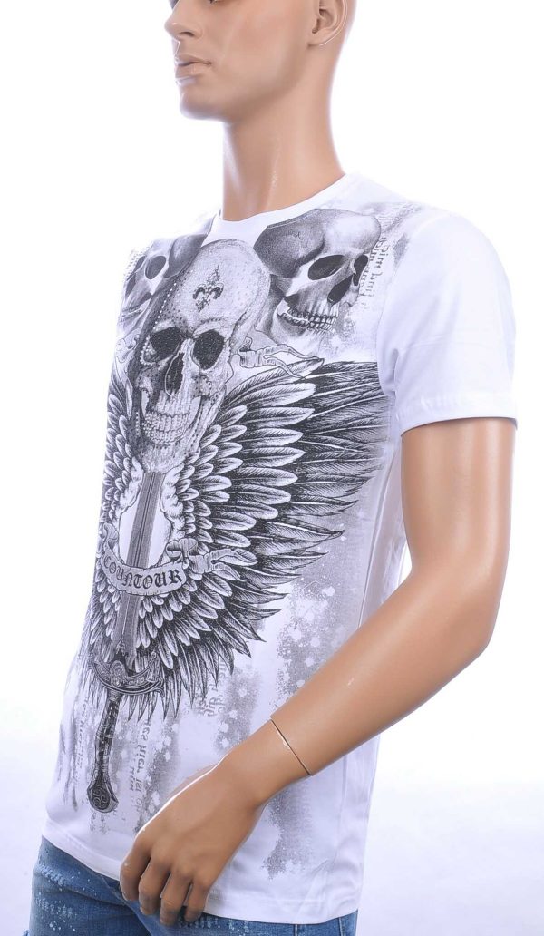 CONTOUR ronde hals heren skull T-Shirt met steentjes Wit