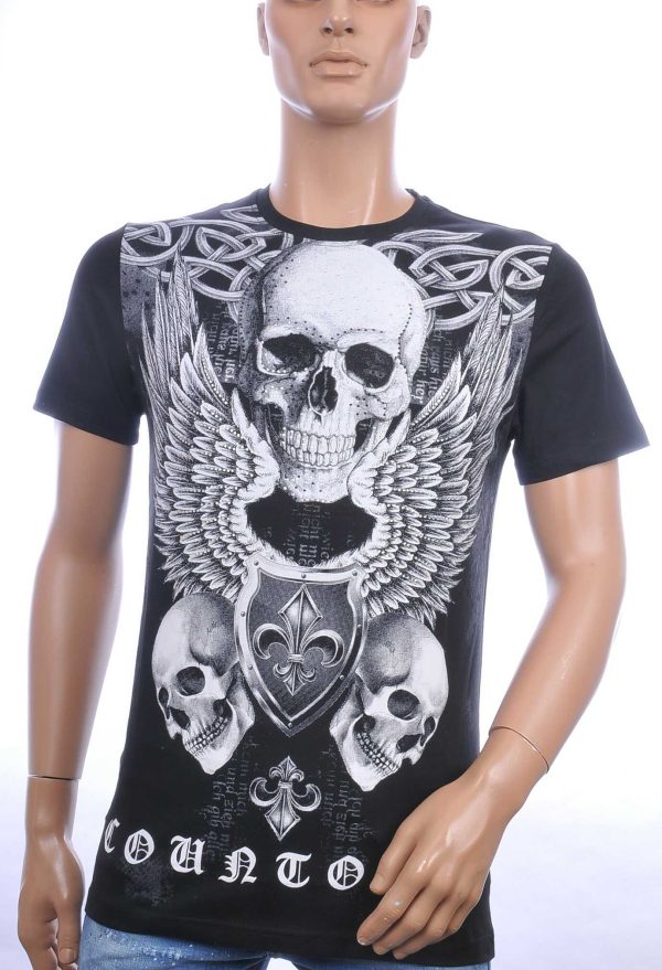 CONTOUR ronde hals heren skull T-Shirt met steentjes Zwart