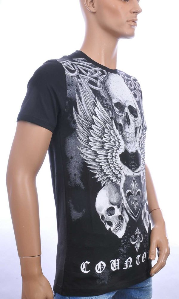 CONTOUR ronde hals heren skull T-Shirt met steentjes Zwart