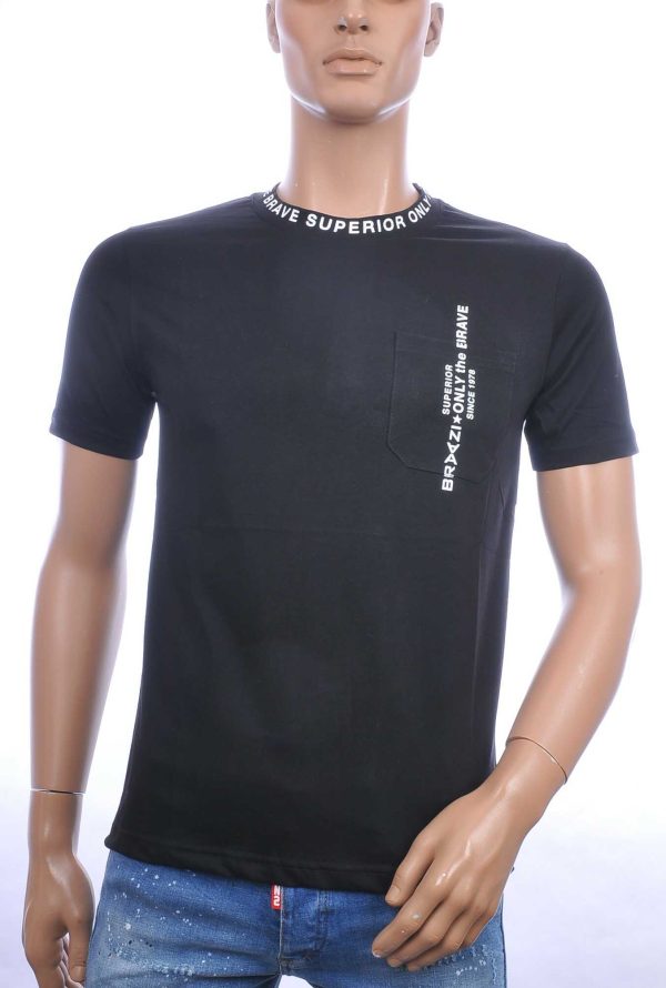 FRANCO RENZO trendy ronde hals heren T-Shirt met borstzak Zwart